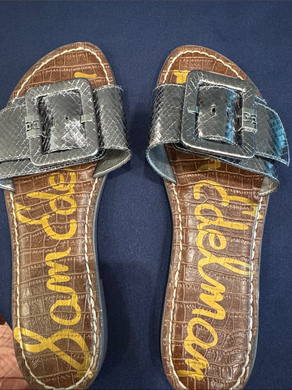 Sam Edelman Silver Croc-Embossed Buckle Slides